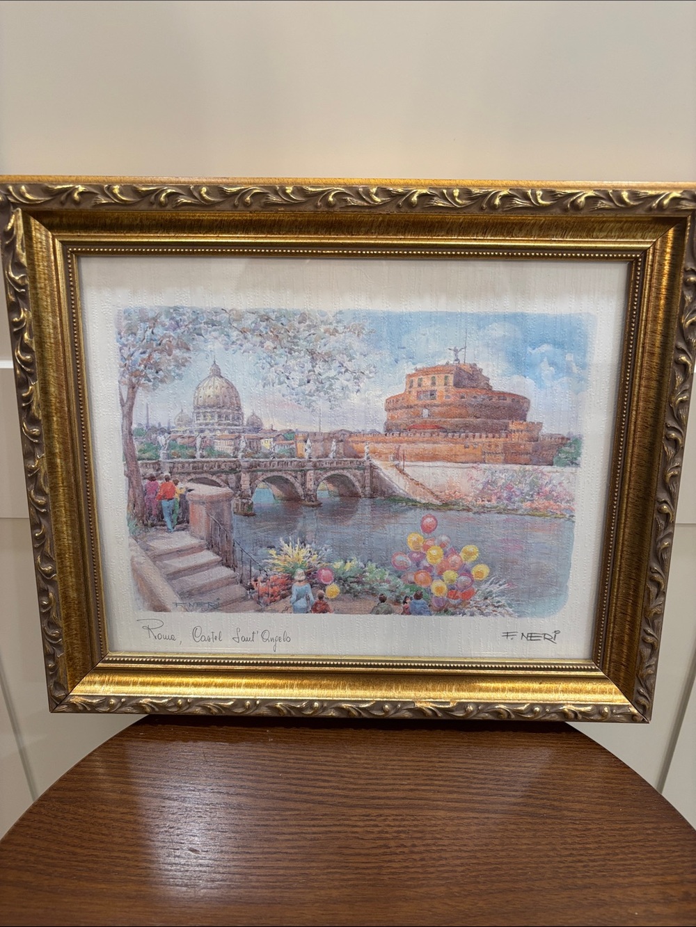 Framed Watercolor Cityscape with Balloons - Gold Frame